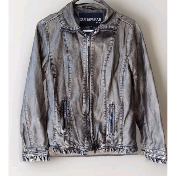 Outerwear by Lisa Jacket Gold Metallic W Black Distressed Finish Vegan Leather - Picture 2 of 14